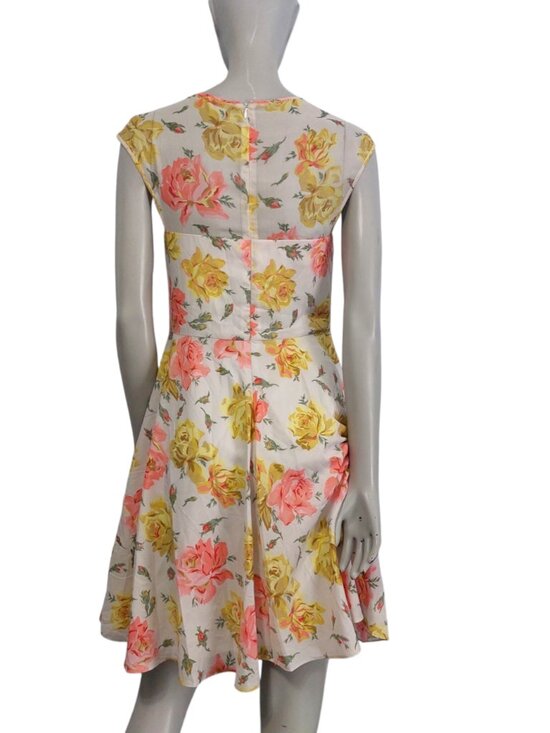 BETSEY JOHNSON Roses Print Dress 6 Fit & Flare Yellow Pink Sweetheart Sheer - Picture 10 of 11